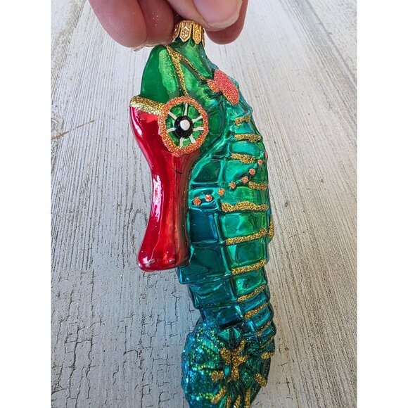 vintage Green glitter seahorse glass ornament tropical Hawaiian beach Xmas tree - Picture 3 of 7
